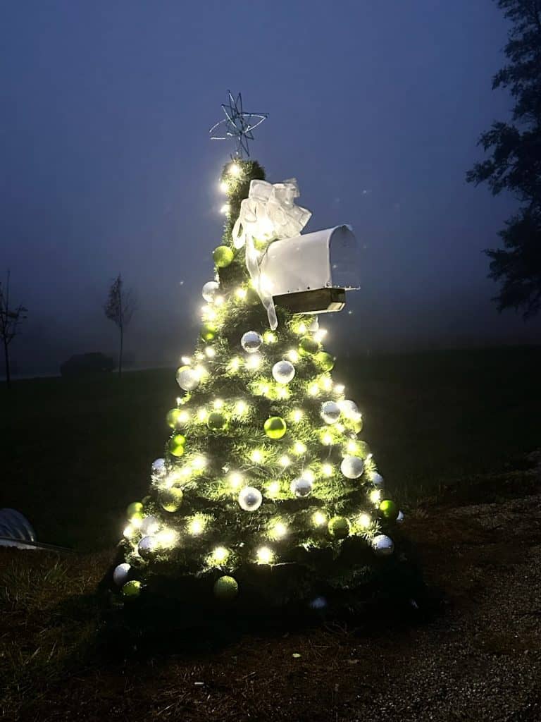 A Christmas tree adorned with dazzling holiday lighting, white and green ornaments, and glowing lights stands outdoors in a foggy setting. It features a mailbox near the top and is crowned with a star. The misty background reveals faint outlines of trees.