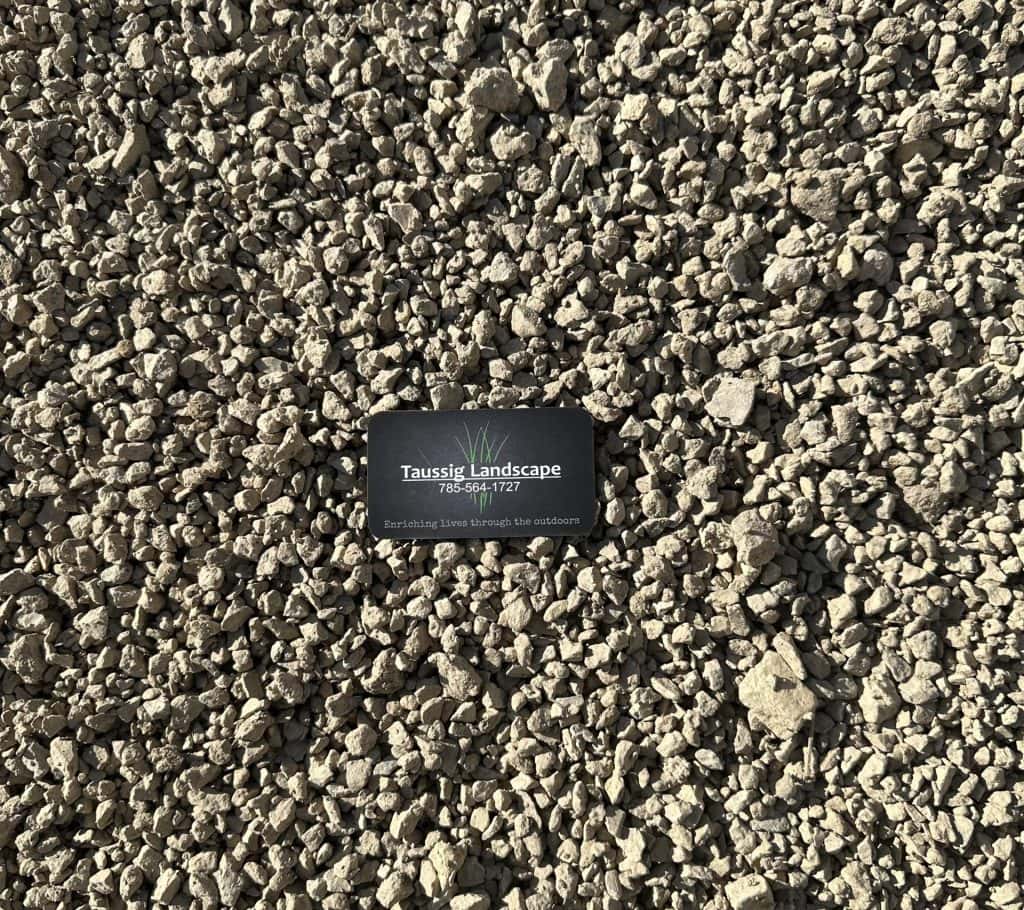 A black business card for Taussig Landscape lies on a bed of small, rough, light-colored gravel stones in sunlight.