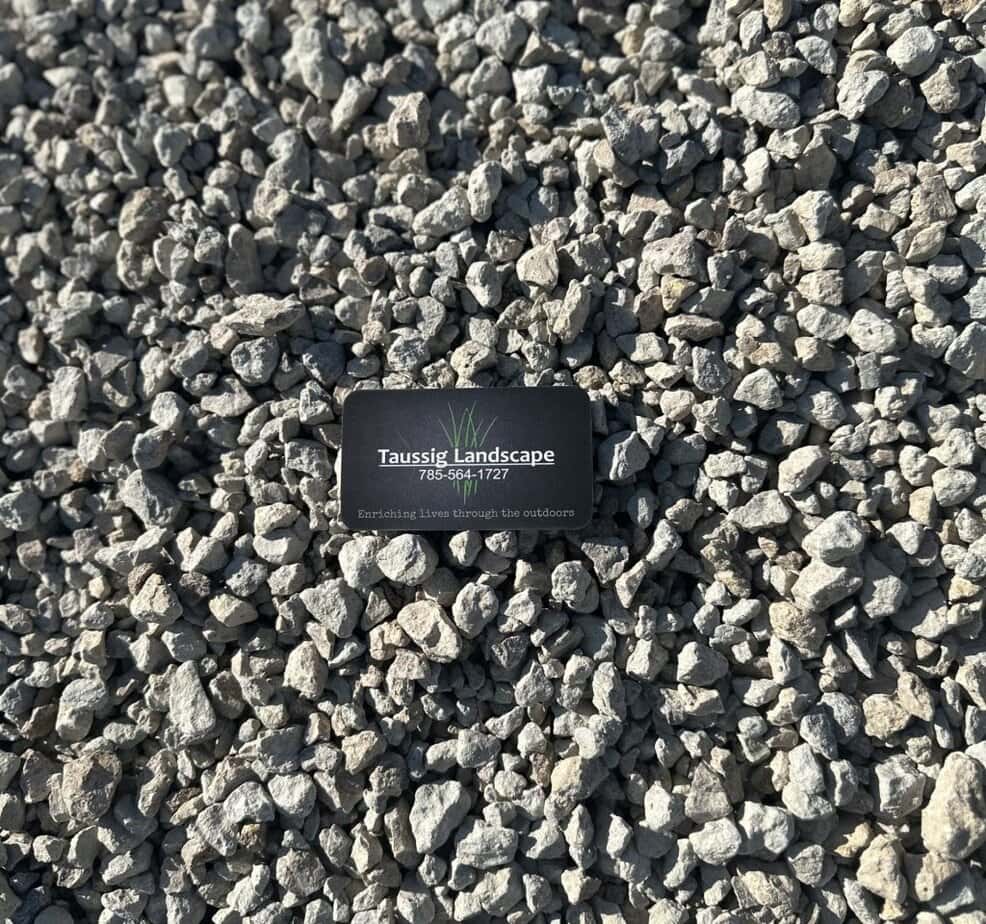 A black business card for Taussig Landscape sits on a bed of washed gravel. The card features green text and a logo, and lists a phone number along with landscaping services.