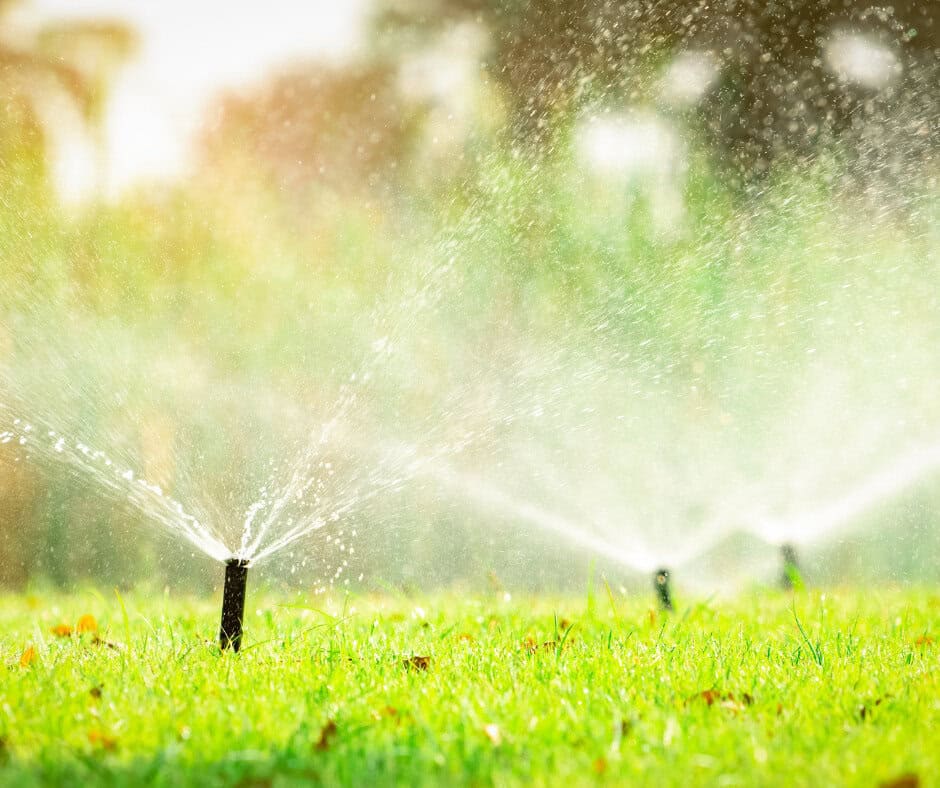 Lawn sprinklers using smart irrigation spray water over bright green grass on a sunny Kansas day, creating a misty effect as sunlight shines through the water droplets.