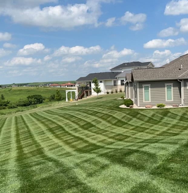 A neatly mowed lawn with visible stripes stretches between modern suburban houses under a partly cloudy blue sky, showcasing expert residential mowing skills, with green fields and more houses in the background.
