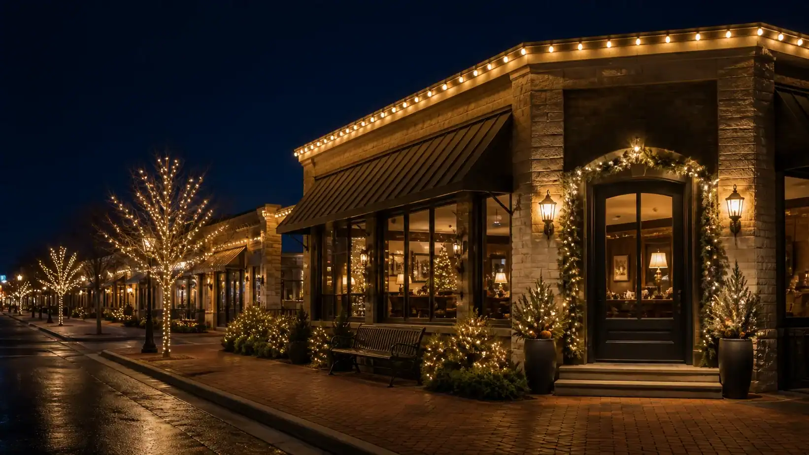 Commercial property accented with professional holiday lighting