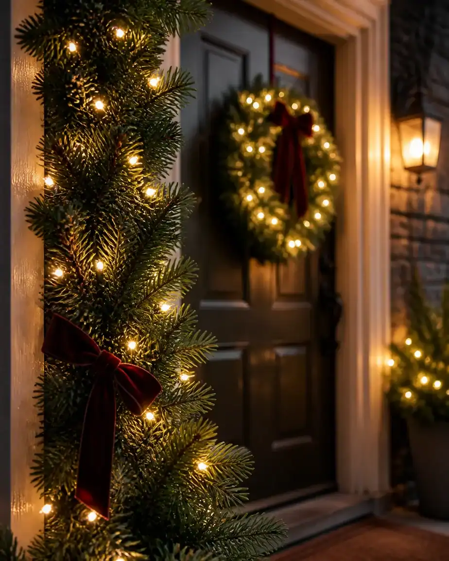 Warm holiday lights and a red bow wrapped around a tree