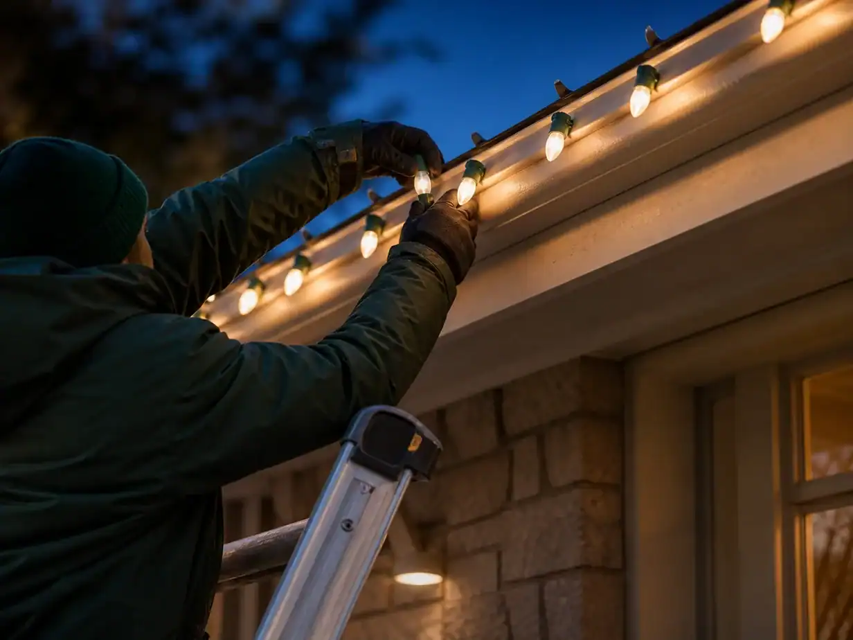 Taussig Landscape installer securing roofline holiday lights